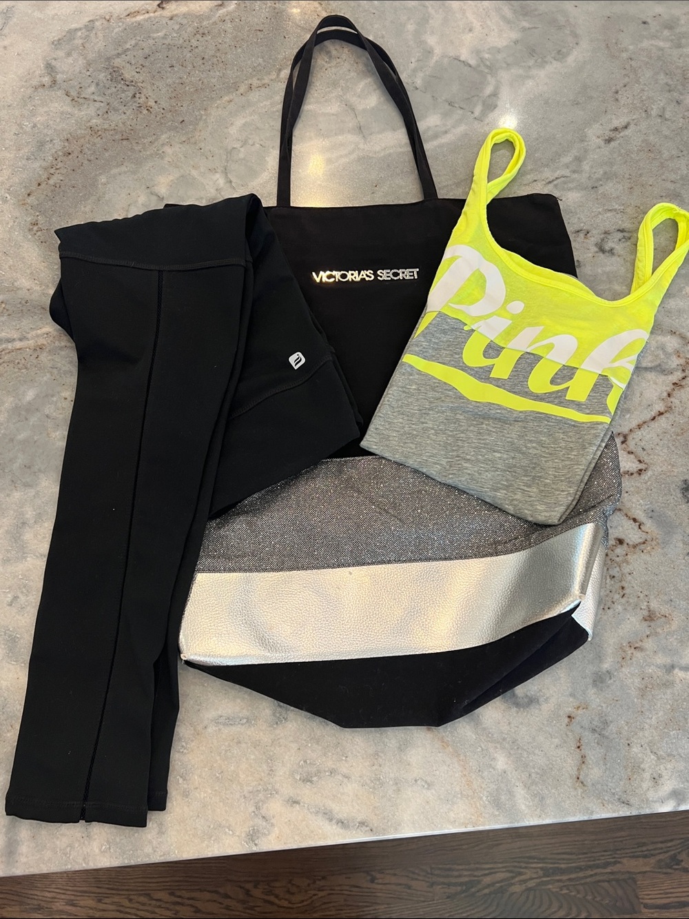 Victoria's Secret Tote Bag, Neon Yellow & Gray Logo Tank & Black Fila Leggings
